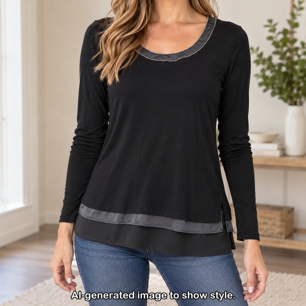 White House Black Market Women Medium Top Long Sleeve Layered Hem Satin Trim